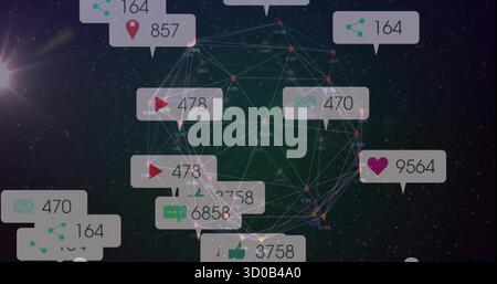 Floating wireframe network sphere rotating in digital cosmos, displaying social media notifications Stock Photo