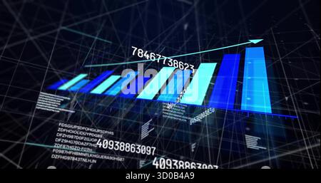 Displaying 3D bar chart rising across virtual grid network, with floating numeric labels and code Stock Photo