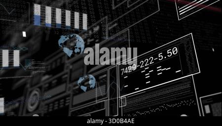 Displaying layered panels scrolling binary digits and rotating globe icons in dashboard, chart data Stock Photo