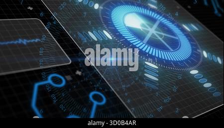 Projecting circular gauge indicating data on HUD with floating nodes and waveform panel, copy space Stock Photo