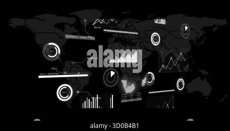 Displaying dashboard on monitor showing dotted world map with circular gauges and location markers Stock Photo