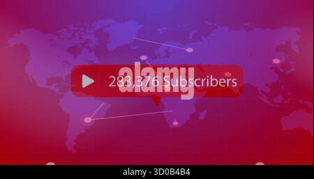 Showing red subscriber bubble with play-button icon on world map in dashboard, with nodes and lines Stock Photo