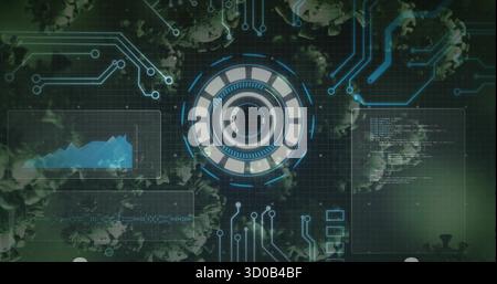 Displaying central HUD interface in digital dashboard, with virus models, circuit lines and panels Stock Photo