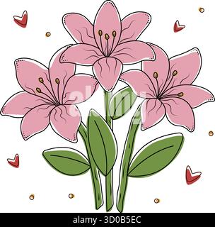 Three pink lilies with black contour, vector lily bouquet with hearts and dots, flowers in minimal boho style Stock Vector
