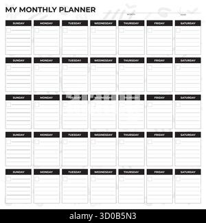 Black and White Monthly Planner Template – Printable Calendar Organizer Layout - Vector Design Stock Vector