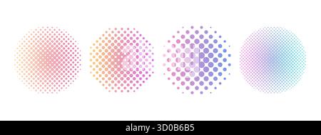Halftone circles set dotted y2k trendy decoration. Gradient retro pixel, grain effect. Pop art style dotted hearts, isolated on white . Vector illustration Stock Vector