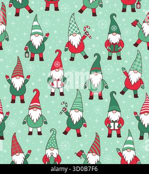 Cute happy Christmas gnomes standing, seamless pattern background Stock Vector