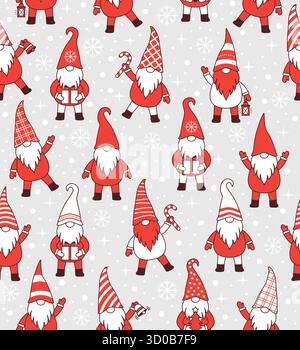 Cute happy Christmas gnomes standing, seamless pattern background Stock Vector