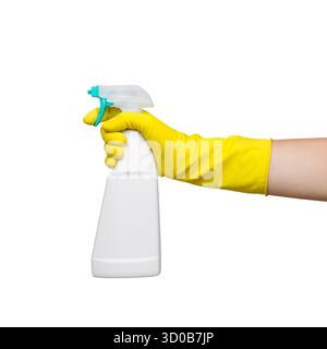 Hand in Yellow Glove Holding White Spray Bottle Isolated on White Background Stock Photo