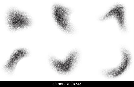 Grainy dotted gradient with pattern of noise texture. Wavy brushstrokes with dust effect. Vector set of stipple splashes and shadows. Fluid liquid Stock Vector