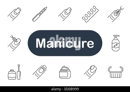 Manicure set icon. Nail polish, file, buffer, cream, brush, soap, finger, cuticle, wash, tool hygiene beauty salon hand gel care shape lotion shine pr Stock Vector