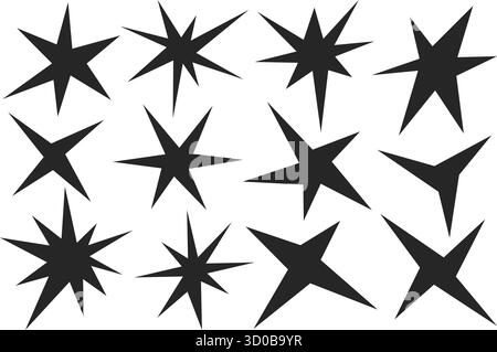 Irregular stars shapes. Abstract vector random spiky sparks. Geometric funky flashes with rays. Black retro sparkles on white background Stock Vector