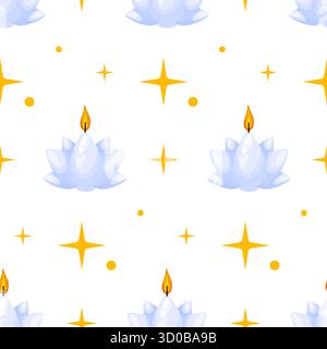 A seamless elegant pattern with white lotus flower candles softly glowing among sparkling golden stars on a clean white background, ideal for meditati Stock Vector