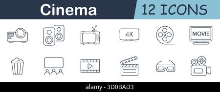 Cinema set icon. Projector, speakers, old TV, 4K screen, film reel, movie monitor, popcorn, audience, play icon, clapboard, 3D glasses vintage video c Stock Vector
