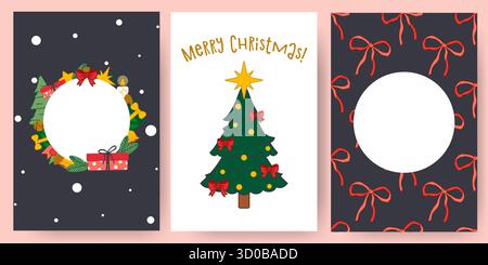 A festive set of three holiday card designs with hand drawn elements. Includes a round wreath frame for text or photo, a cute Christmas tree card, and Stock Vector