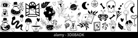 Magical Accessories Hand Drawing Set. Isolated Magic witchcraft, fantasy, occult, whimsical Textured Doodle for Halloween, esoteric, astrological and Stock Vector