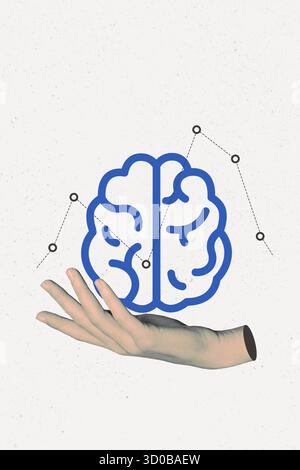 Vertical 3d banner zine photo collage of hand touch brain organ thought contemplation concept matrix storage data memory ai Stock Photo