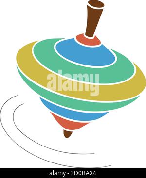 A striped top with wooden tip rotates quickly leaving a soft circular trace on the surface Stock Vector