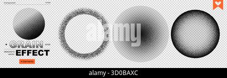 Round ball grain noise sphere dot transparent gradient spray brush shape pattern. This abstract set features circular elements with rough speckle text Stock Vector