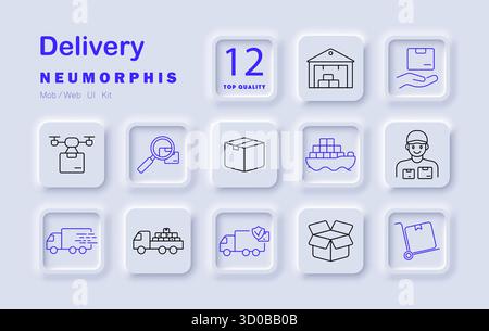 Delivery set icon. Drone, warehouse, parcel, courier, box, shipping, cargo, search, cart, open package, truck, container fast logistics system with tr Stock Vector