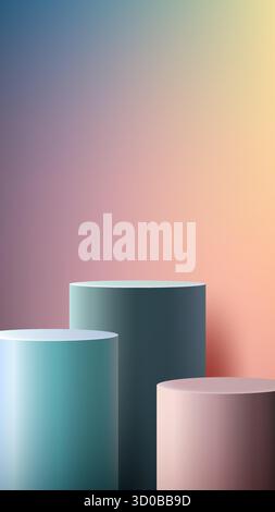 3d of three cylindrical pedestals in teal, blue gray, and soft pink tones against a smooth gradient background, ideal for modern product display, bran Stock Vector