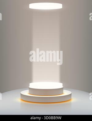 sleek white cylindrical pedestal with warm orange glow under spotlight in neutral gray studio ideal for product display mockup cosmetic presentation o Stock Vector