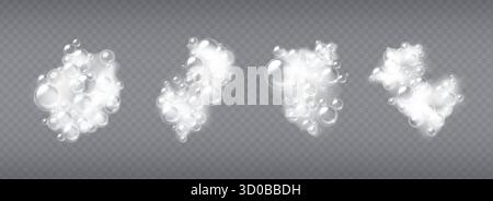 Bathing foam clusters with soap bubbles and sud texture - transparent spheres floating within white lather for cosmetic or cleaning products. Shampoo froth elements for washing and hygiene design. Stock Vector
