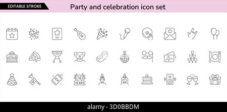 Minimal line icons featuring party, birthday, and celebration elements. Includes cake, balloons, champagne, disco ball, and festive accessories Stock Vector