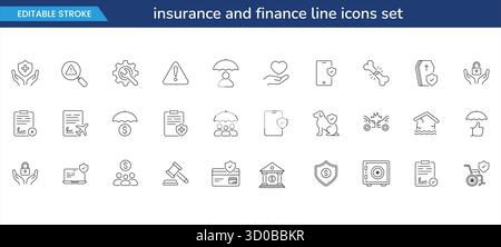 insurance and finance line icons set — editable stroke business, security, and healthcare outline symbols for web, app, and presentation design Stock Vector