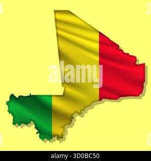 Waving vector abstract flag of Mali in map shape with shadow Stock Vector