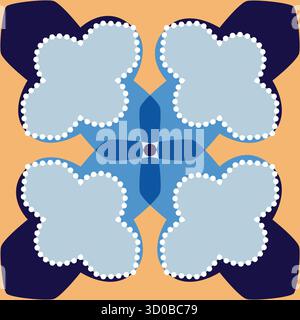 This vector seamless pattern features symmetrical blue clover or cloud shapes with white dotted borders and dark blue bases, centered on a warm orange Stock Vector