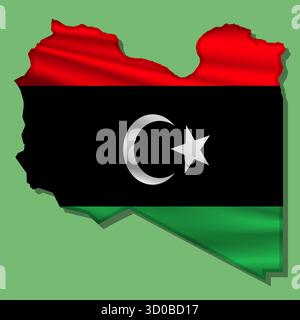 Waving vector abstract flag of Libya in map shape with shadowWaving vector abstract flag of Libya in map shape with shadow Stock Vector