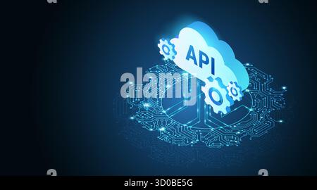 API cloud and gears connected to data network - abstract technology background dark blue vector Stock Vector