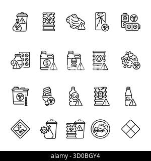 Toxic waste black line icons set for digital and print projects.  Minimal clean icons for apps and websites. Modern simple icons for UI UX and brandin Stock Vector