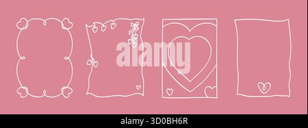 Whimsical Pink Love Themed Borders. Romantic Hand Drawn Heart Frames. Stock Vector