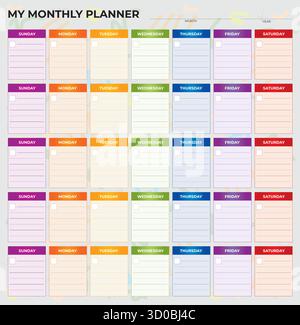 Colorful Monthly Planner Template – Printable Calendar Organizer Layout - Vector Design Stock Vector