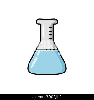 Hand-drawn doodle illustration of a laboratory flask with blue liquid in flat vector style. Perfect for science, chemistry, education, research, and c Stock Vector
