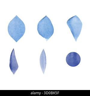 Collection of watercolor-style flower petal illustrations in various shapes and tones of blue. Petals show a translucent, watercolor effect on a white background. Stock Vector