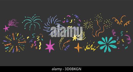 Firework border Chalk hand drawn star blink, firework, glitter silhouette and glowing symbols in sketch style. Doodle border, seamless divider. Confetti grunge simple decoration. Vector illustration Stock Vector
