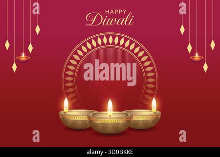 Diwali festival background with gold lotus flower decoration and swirls. 3d podium stage and burning diya oil lamps. Elegant Hindu holiday banner, gre Stock Vector