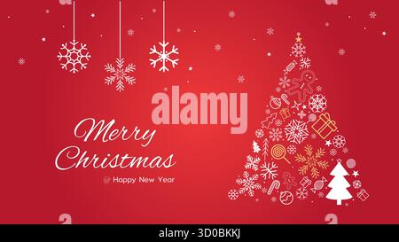 Beautiful red Christmas background featuring a decorative tree made of icons and snowflakes, perfect for holiday greetings, vector illustration Stock Vector