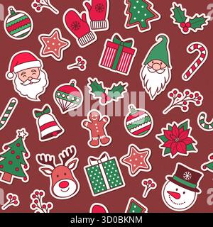Christmas pattern background with decorations and characters stickers Stock Vector