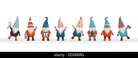 Set of cute Christmas gnomes standing in line and holding different objects Stock Vector