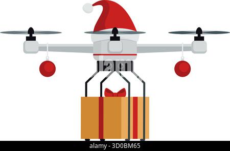 Cute decorated Santa Claus AI drone delivering a Christmas gift, holidays and celebrations concept, isolated Stock Vector