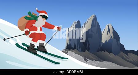 Happy Santa Claus carrying Christmas gifts and skiing on the Dolomites, tre cime di Lavaredo in the background Stock Vector