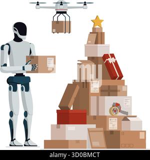 AI robot and automated drone delivering Christmas gifts, the boxes are arranged in the shape of a Christmas tree, isolated Stock Vector