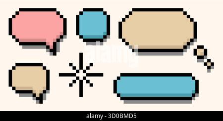 Set of cute pastel pixel bubbles with text and thinking frames. 8 bit retro style dialogue boxes, cartoon message clouds for mobile app, vintage game Stock Vector