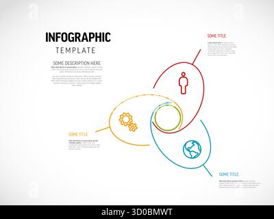 Minimalist infographic template featuring three interconnected elements with icons for person, gears, and globe. This minimalist infographic design is Stock Vector