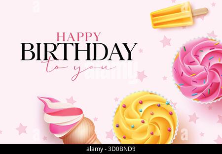 Happy Birthday greeting card clipart design. Birthday ice cream, cup cake and popsicle greeting card clip art in pink stars elegant invitation card Stock Vector