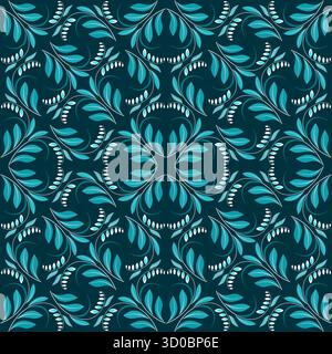 Curved flowers seamless pattern in modern style. Bright shades of sea blue colors ornament. Square monochrome floral kaleidoscope design. Dark vector Stock Vector